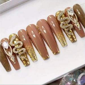 Gold Glitter Crystal Snake 3D Press On Nails 24pcs